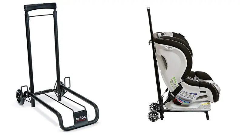 On the left: a black metal travel cart with wheels. On the right: a Britax carseat attached to the travel cart.