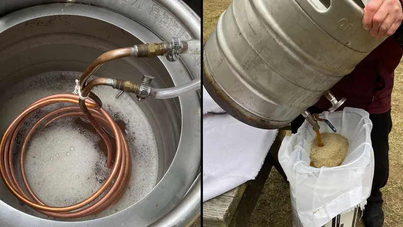 A composite of two images. The left half shows the wort chiller in the kettle. It looks almost like a slinky made out of copper tubing. Its two ends are sticking up and attached to an inlet and outlet hose respectively. The right half of the image shows my dad pouring the kettle out into our fermentation jug. He has a few layers of cheese cloth stretched out over the top to help filter out some of those hops.
