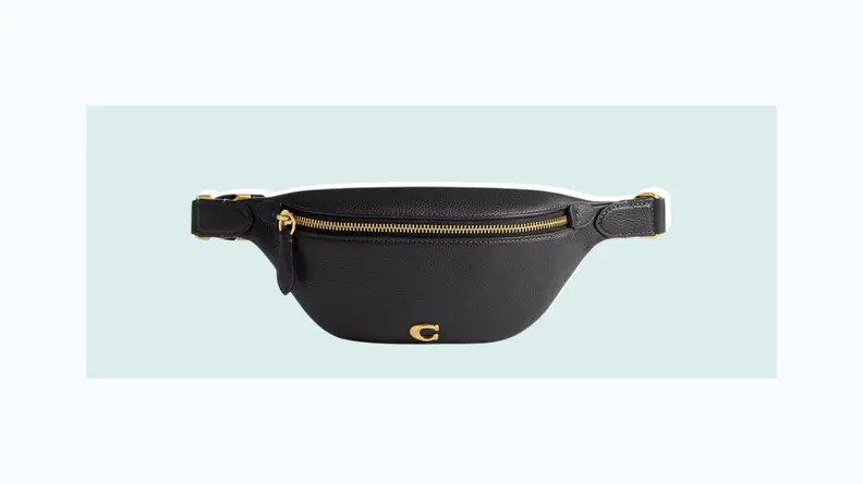 A black leather belt bag.