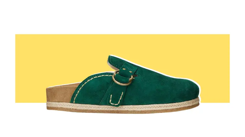 A green slip-on clog.