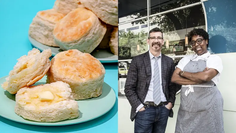 Left: A plate of fluffy buttermilk biscuits against a blue backdrop. Right: Co-owners of The Grey Johno Morisano and Chef Mashama Bailey pose outside of the restaurant.