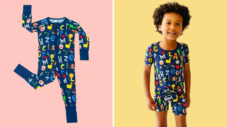 Child wearing a Little Sleepies Alphabet printed PJ set next to a standalone image of the set