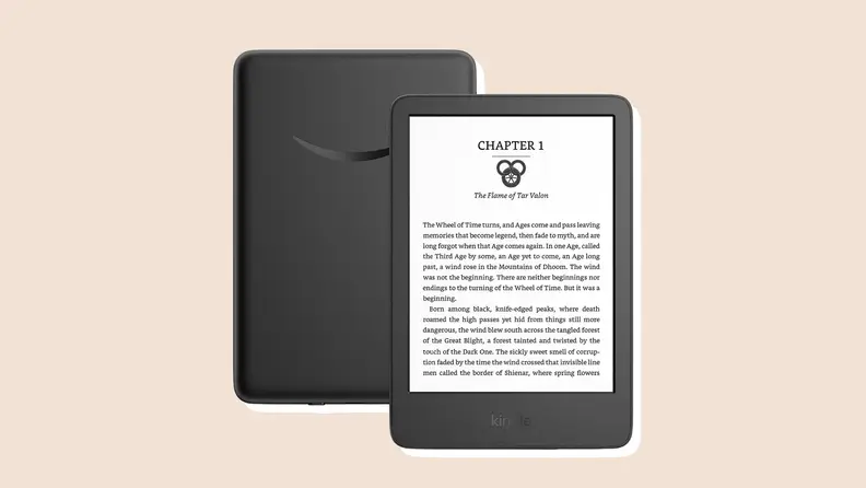 A black Amazon Kindle Paperwhite on a neutral background.
