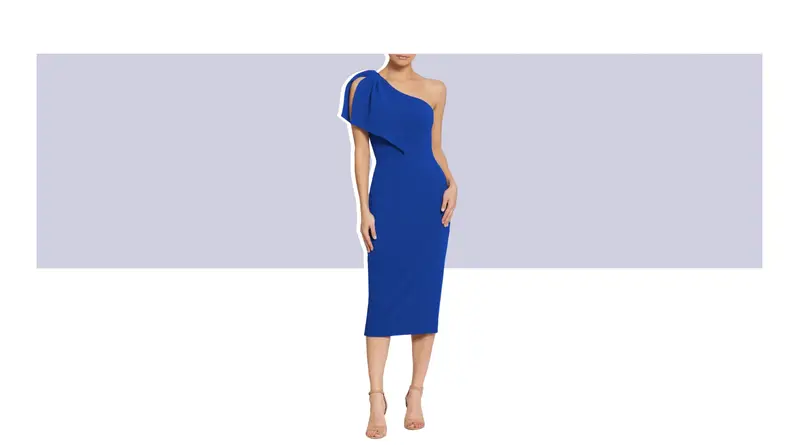 A one-shoulder dress with a bow detail.