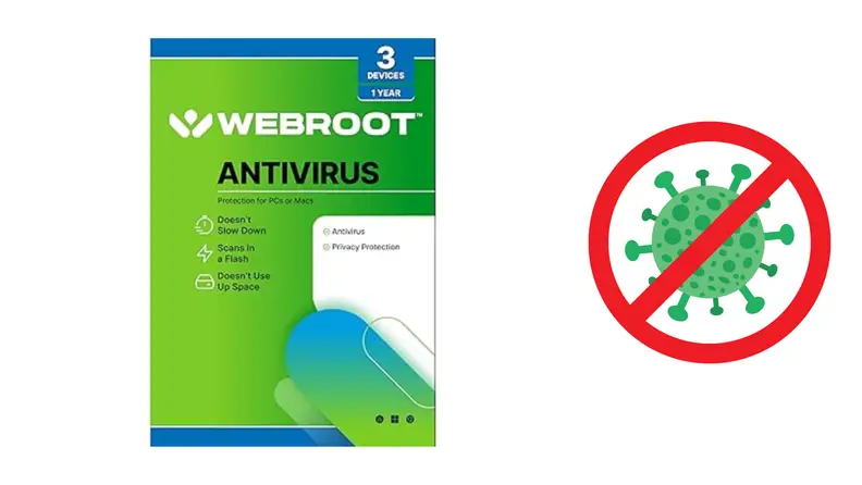 Webroot Antivirus subscription box highlighting lightweight, cloud-based protection with a no-virus symbol.