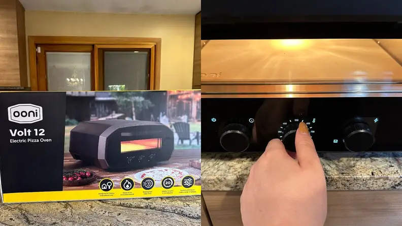 Side by side of a cardboard box for the Ooni Volt pizza oven and person turning the temperature knob on the Ooni Volt.