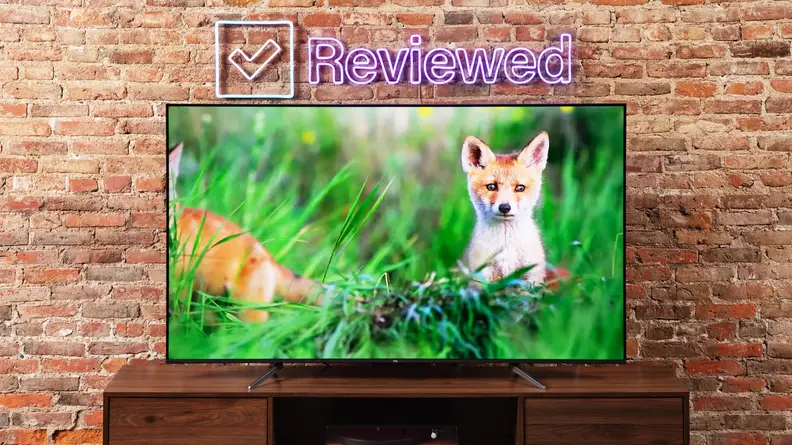TCL Q6 LED TV on top of wooden stand in front of brick wall with fox in grassy outdoor setting on screen.