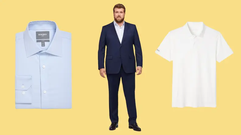 Blue dress shirt, man wearing blue suit jacket, and white polo shirt against yellow background