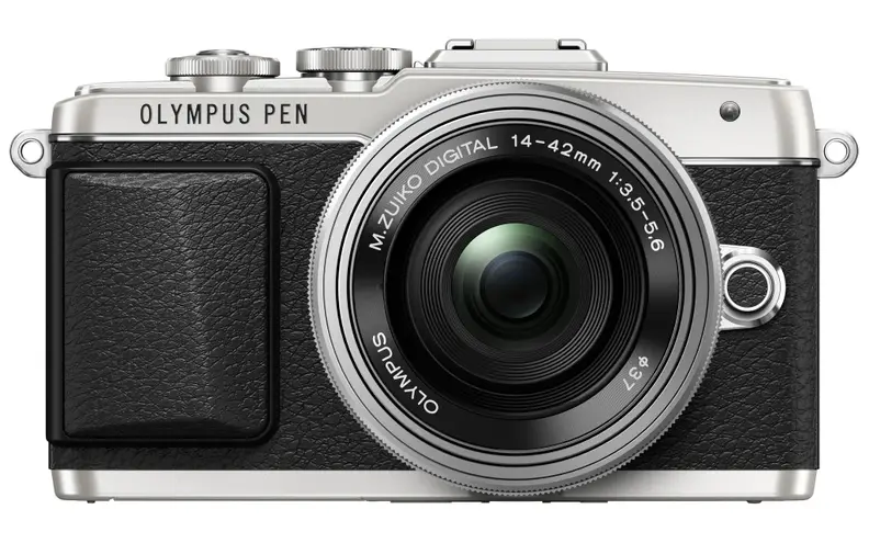 The E-PL7 comes in a black, white, or this silver two-tone finish.