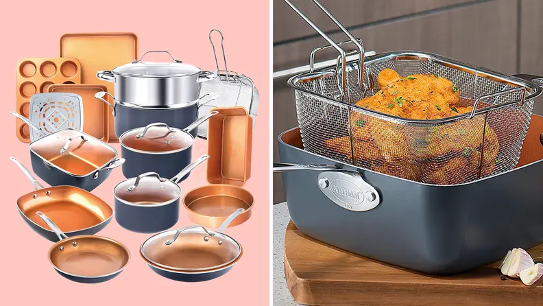 On left, product shot of the Gotham 20-piece copper pot set. On right, product shot of the Gotham deep fry pan and basket.