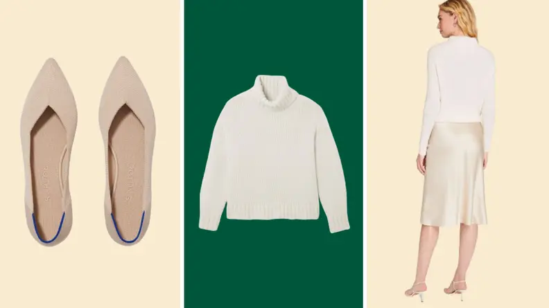 A pair of beige flats, a white turtleneck, and a model wearing a champagne-colored silk skirt.