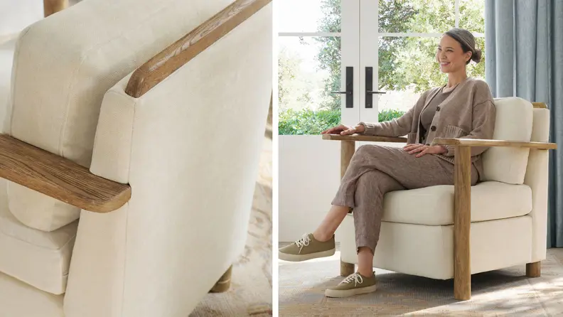 On the left: A close-up of the corner of a white Bradford Armchair. On the right: A woman sits in a white Bradform Armchair.