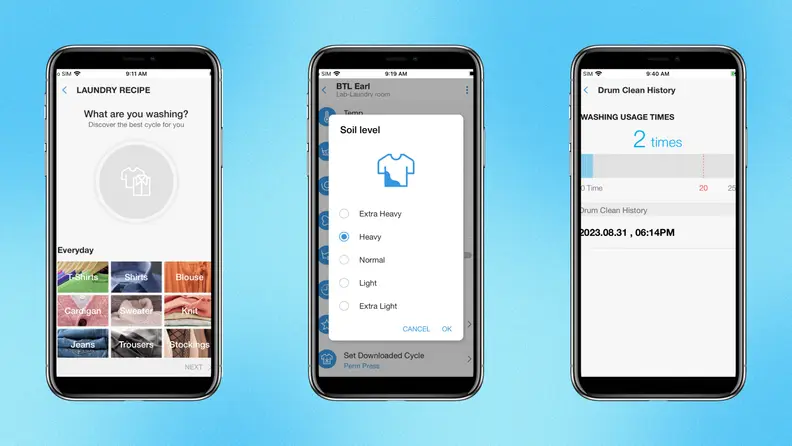 A collage of the Samsung top load washer’s app displayed on iPhones.