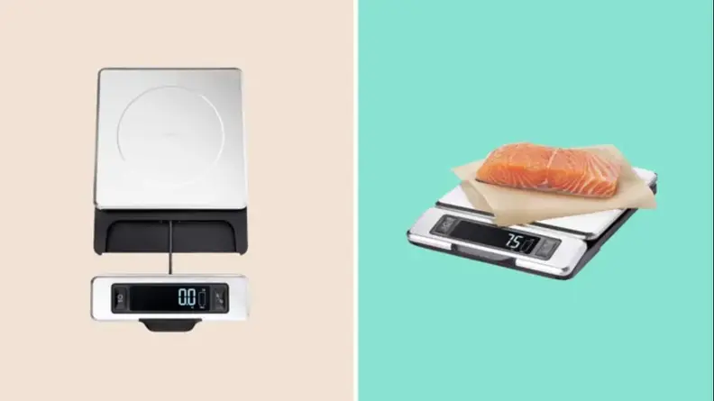 Split image of two product images of the OXO Good Grips 11-Pound Stainless Steel Food Scale.