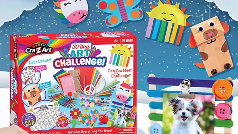 A crafting kit with all sorts of fun completed crafts like bag puppets and picture frames