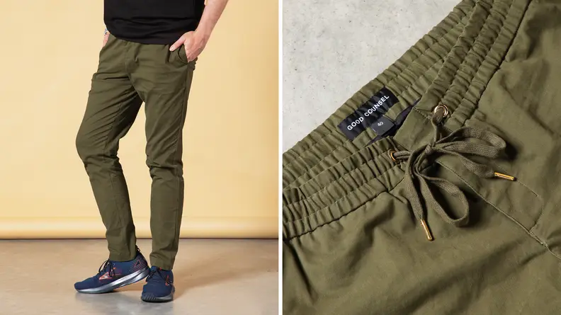 Collage of the author wearing green pants and a close-up of the drawcord waistband.
