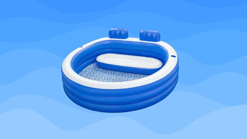 An above-ground pool sits on a blue wavy background