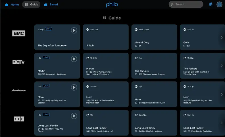 Philo has a TV guide for watching live TV