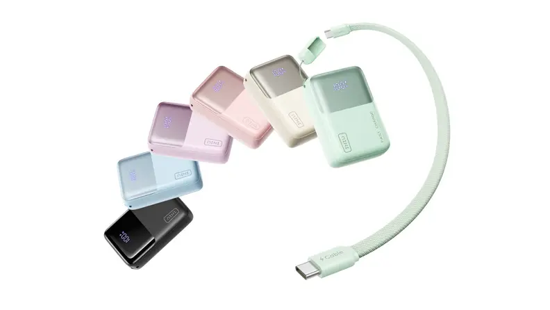 Black, blue, purple, pink, yellow, and green versions of the INIU Pocket Rocket 50 portable charger.