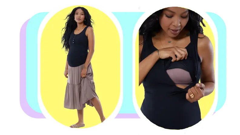 On right, model poses with leg stuck out while wearing black Ribbed Henley Nursing Tank and tan 2-tier skirt. On right, model reveals hidden nursing flap on black Ribbed Henley Nursing Tank.