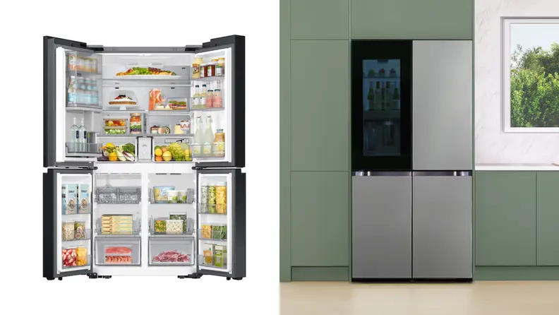 A Samsung quad-door fridge with all four doors open on the left, and all closed on the right.