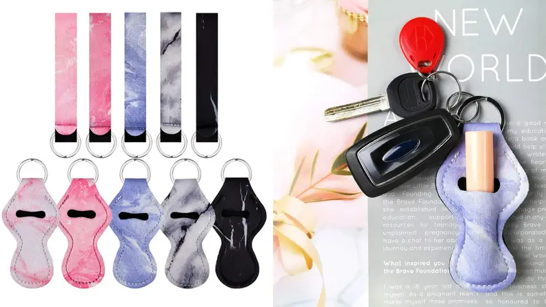 Array of chapstick keychains in different colors / Chapstick keychain attached to keys