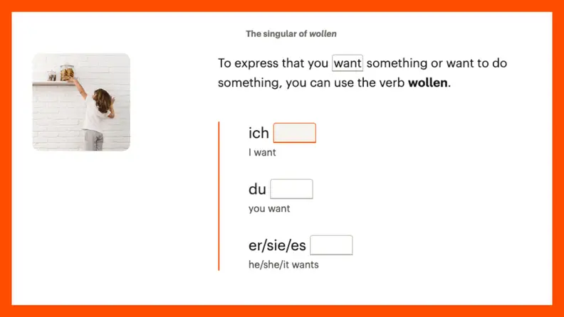 A screen in the Babbel language learning app displays a lesson in German