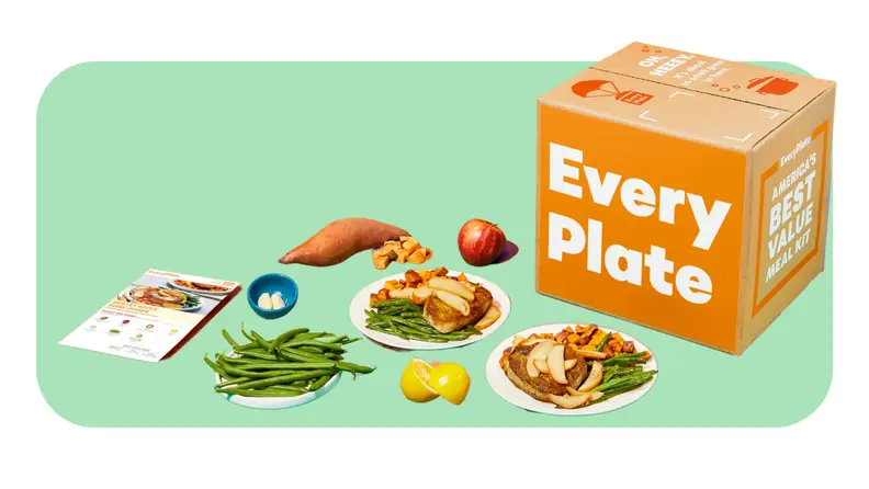 Plates of served food next to a box with the Every Plate logo.