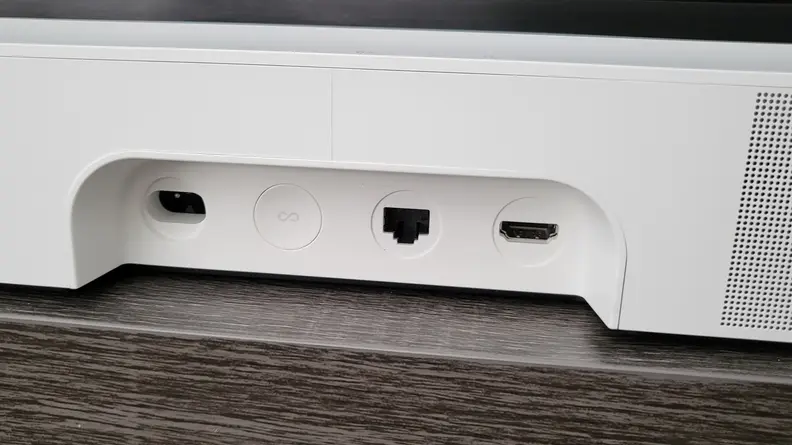 The inputs for the Sonos Beam Gen 2, which include power, HDMI, and ethernet