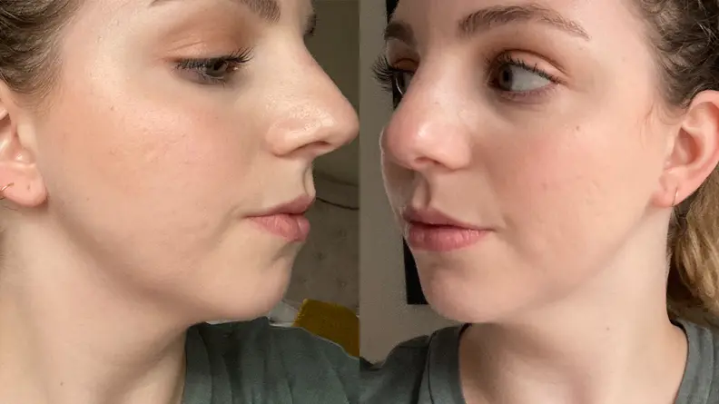 The author after wearing the Estée Lauder Double Wear Stay-in-Place Foundation all day with a mask on and off.