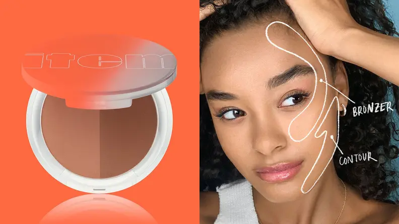 On the left: The Item Beauty Cheek Money in its compact with the lid open to reveal two bronzer shades against a red background. On the right: A model with a drawing on her face that shows where to apply bronzer and contour.