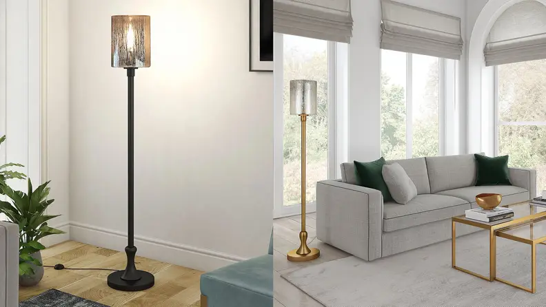 Two angles of the floor lamp in different modern home settings.
