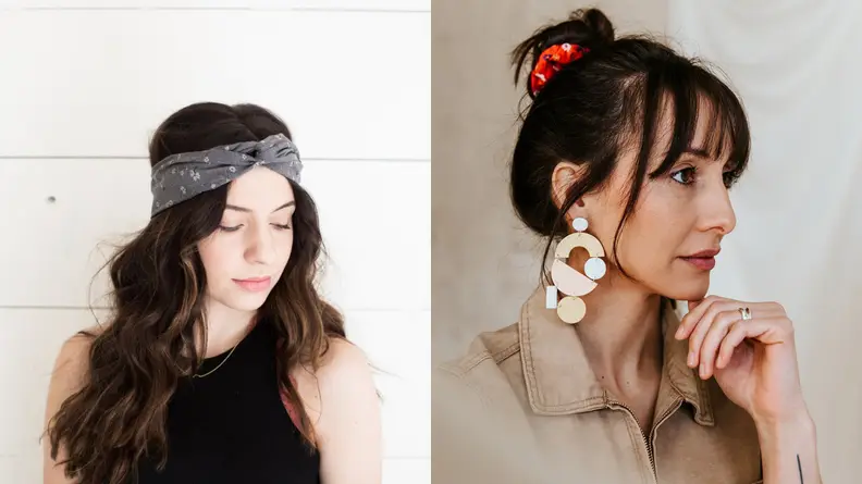 woman wearing headband, woman wearing geometric earrings