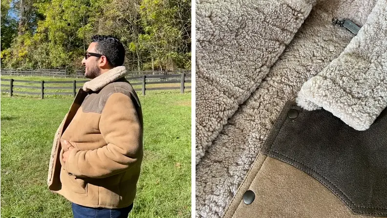 Photograph of the author in profile wearing a Western-style shearling jacket, and on the right is a close-up of the interior of the jacket.