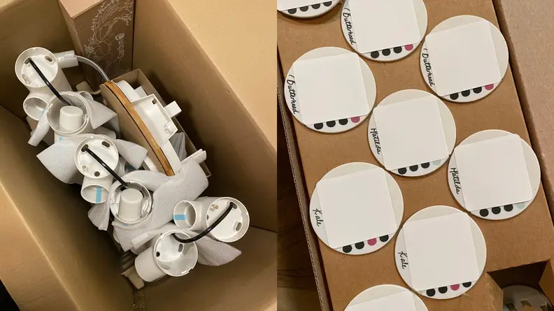 On the left, there are the parts of a Gardyn device and on the right are the yCubes, which house the seeds for growing the indoor vegetable garden.