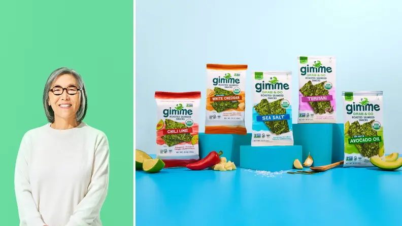 Left: photo os Gimme Seaweed co-founder. Right: stack of Gimme Seaweed products on blue background