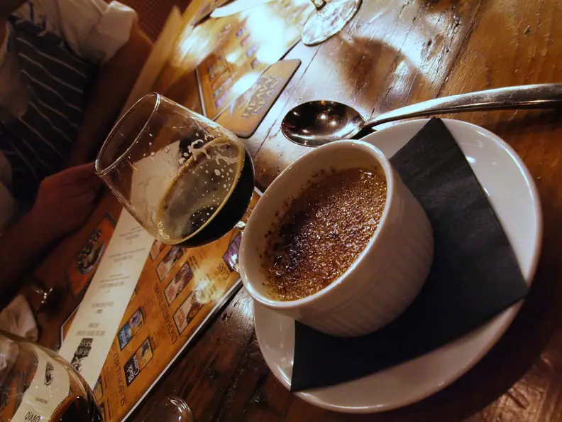 A chocolate stout and a serving of Chocolate Stout and crème brûlée