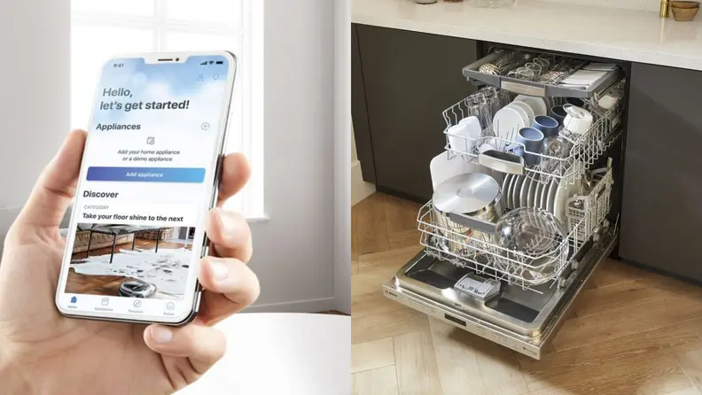 Left: hand using Bosch Home Connect app. Right: Open dishwasher revealing three racks filled with dishware