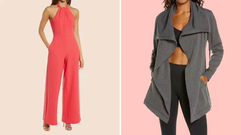 A woman in a red dress against a grey background on the left. A woman wearing yoga pants and bra and an over coat on the right against a pink background.