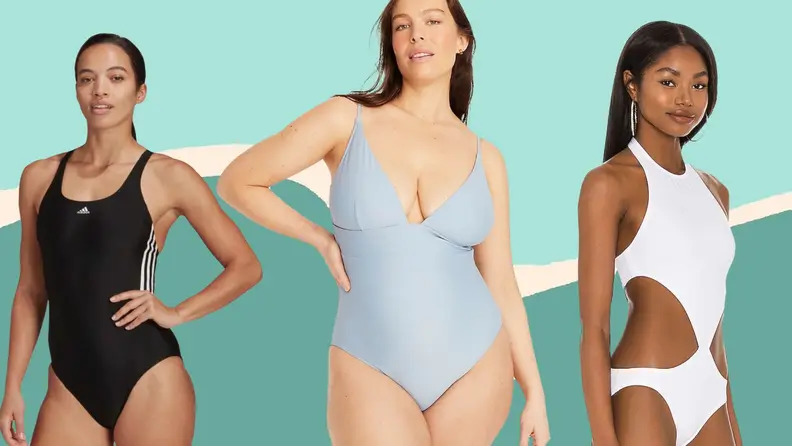 Three women wearing one-piece bathing suits