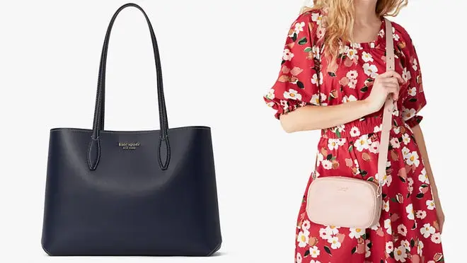 On right, black leather purse. On right, person wearing pink crossbody purse.