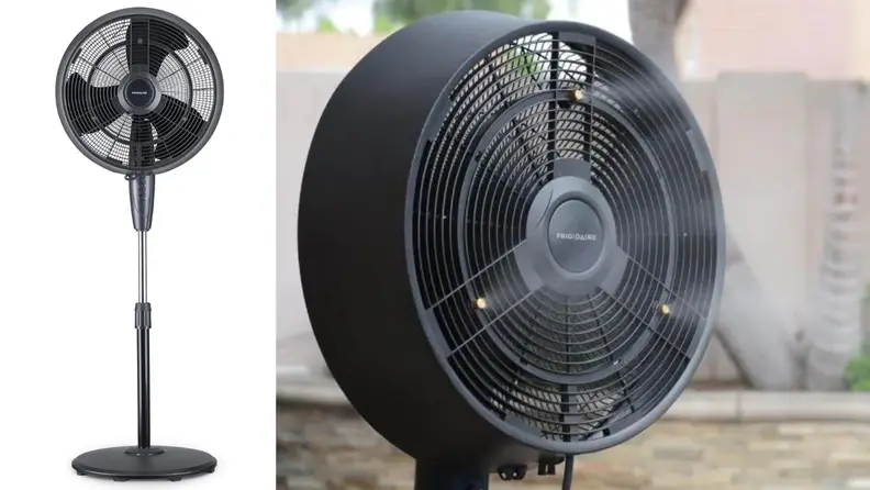 This outdoor fan sprays a cooling mist as it oscillates back and forth.