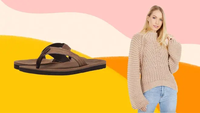 On left, brown pair of flip flops. On right, person wearing sweater and jeans.