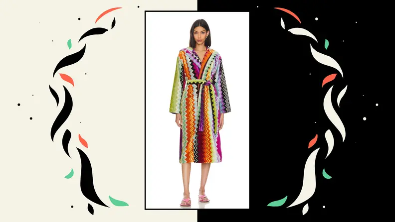 A model wearing a brightly-colored printed bathrobe.