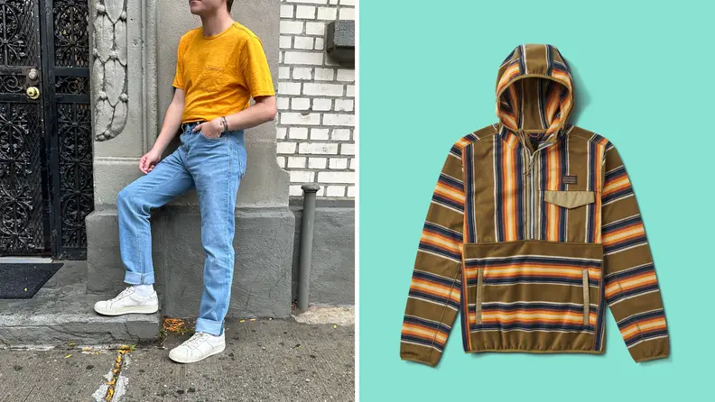 The author wearing a yellow T-shirt, alongside a product shot of a printed hoodie.
