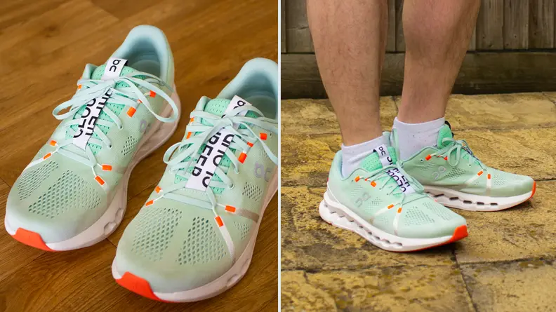 Close up of the On Cloudsurfer sneakers in mint green both on the author and off.
