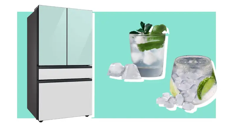 On left, french double-door refrigerator in mint and white color next to two stemless cocktail glasses filled with ice, clear liquid and limes.