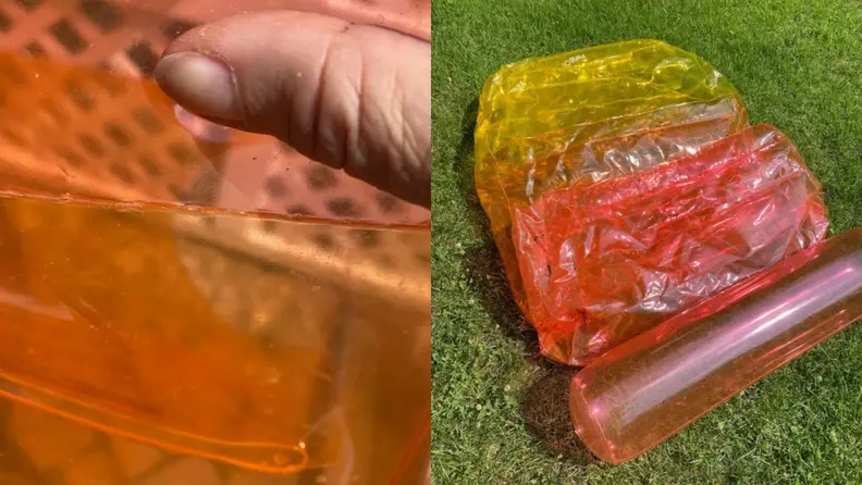 Closeup shots of the multicolored inflatable pool floats in a backyard.