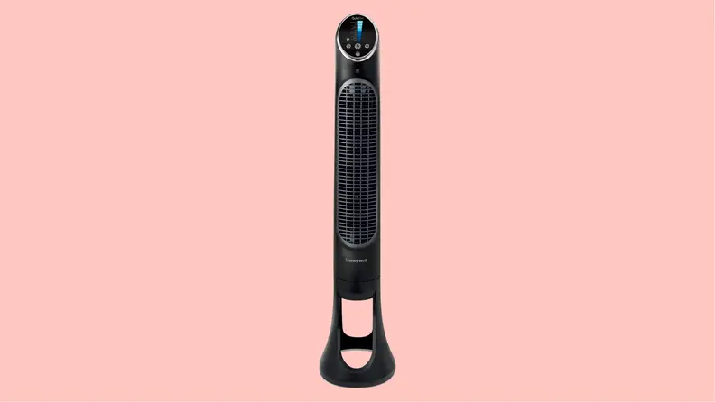 A tower fan appears on a pink background.