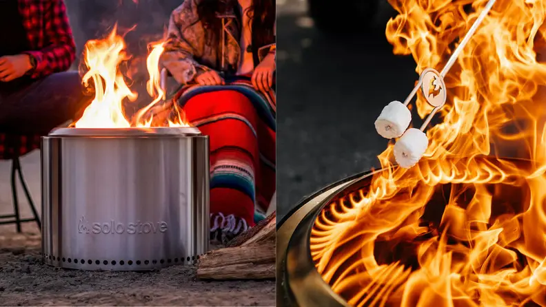 Two images of a lit Solo Stove Bonfire at night.